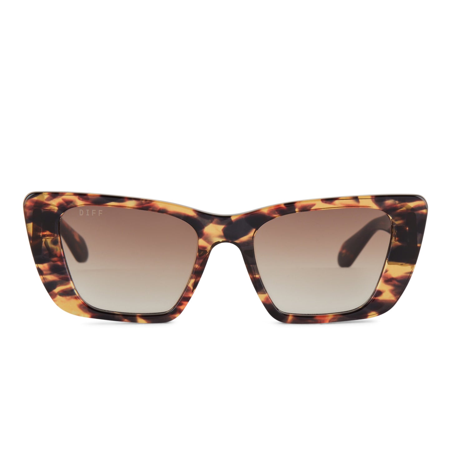 diff eyewear featuring the aura cateye sunglasses with a wild tort frame and brown gradient lenses front view