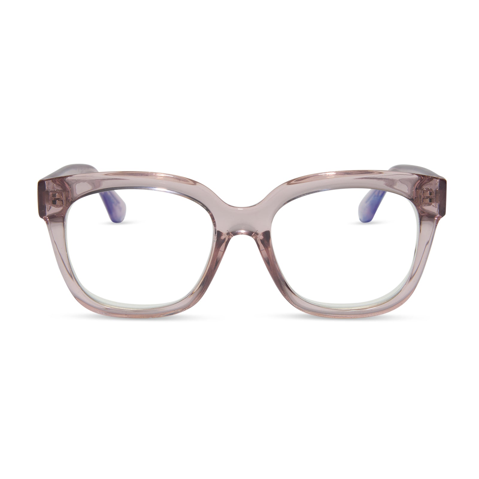 diff eyewear featuring the ava square blue light readers with a light pink crystal frame front view