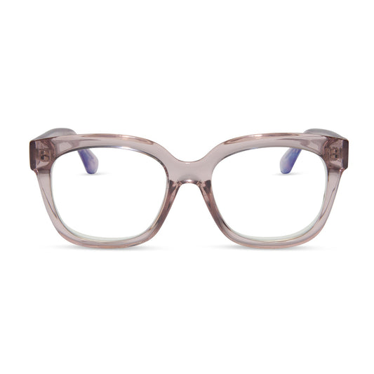 diff eyewear featuring the ava square blue light readers with a light pink crystal frame front view