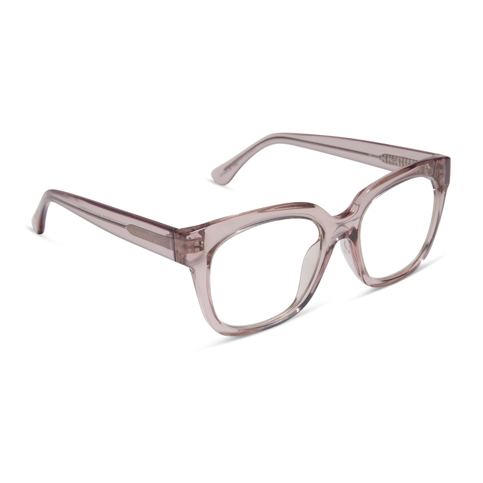 diff eyewear featuring the ava square blue light readers with a light pink crystal frame angled view