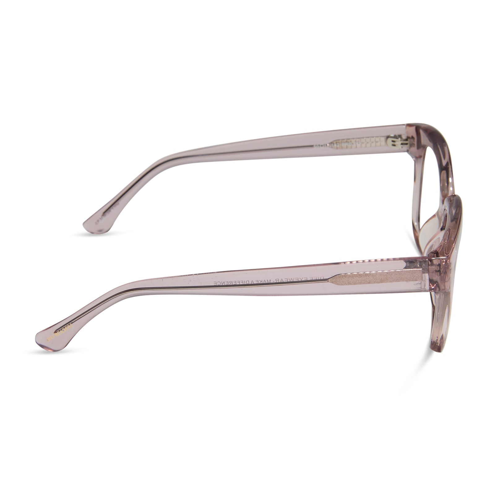 diff eyewear featuring the ava square blue light readers with a light pink crystal frame side view