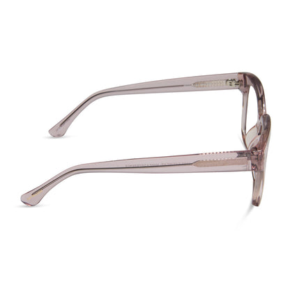 diff eyewear featuring the ava square blue light readers with a light pink crystal frame side view