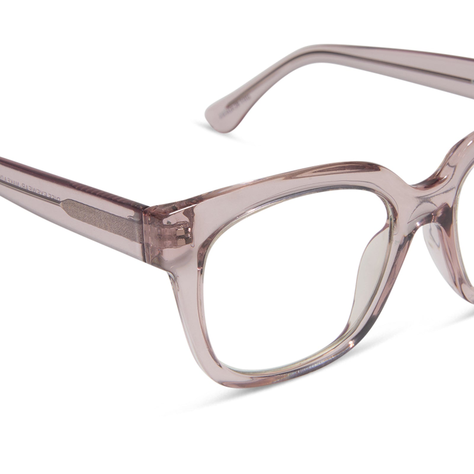 diff eyewear featuring the ava square blue light readers with a light pink crystal frame detailed view