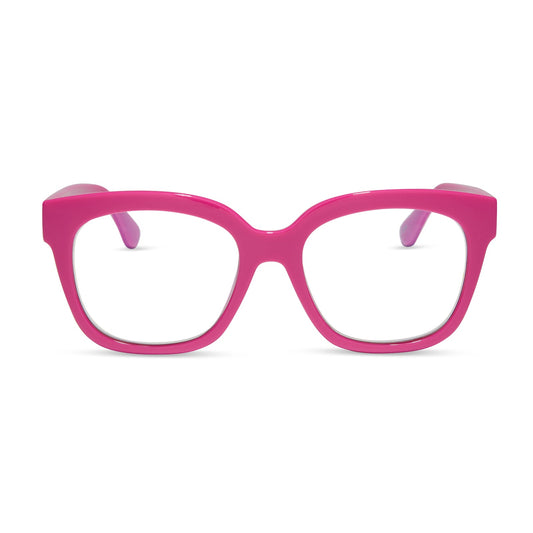 diff eyewear featuring the ava square blue light readers with a peony pink frame front view