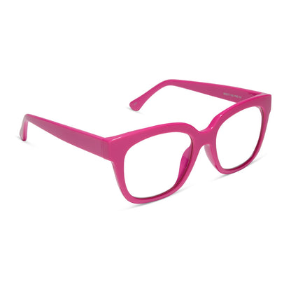 diff eyewear featuring the ava square blue light readers with a peony pink frame angled view