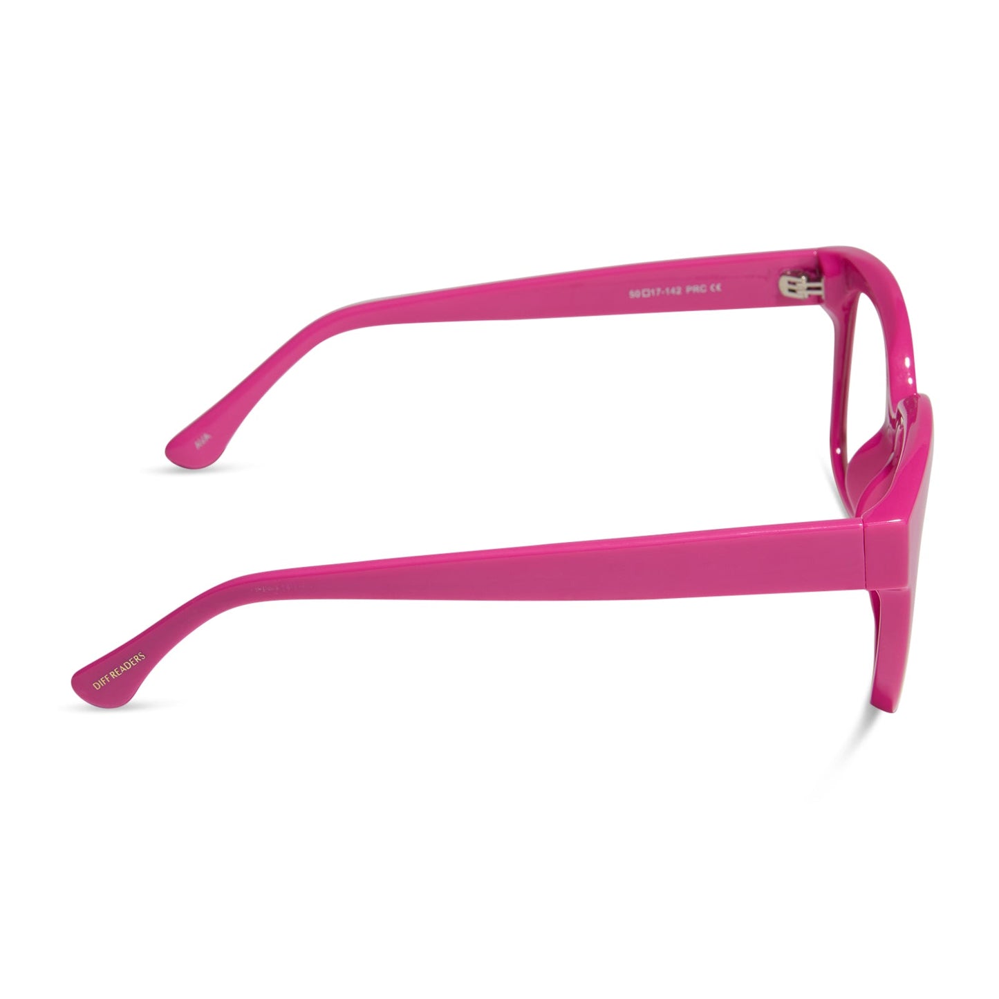 diff eyewear featuring the ava square blue light readers with a peony pink frame side view