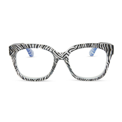 diff eyewear featuring the ava square blue light readers with a zebra frame front view