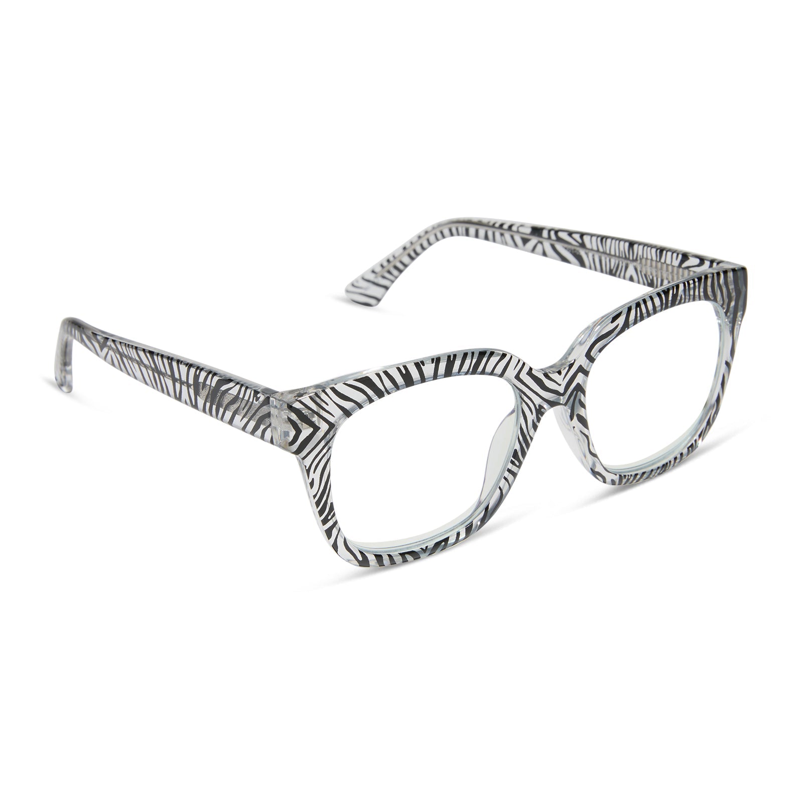 diff eyewear featuring the ava square blue light readers with a zebra frame angled view