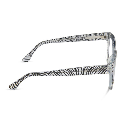 diff eyewear featuring the ava square blue light readers with a zebra frame side view