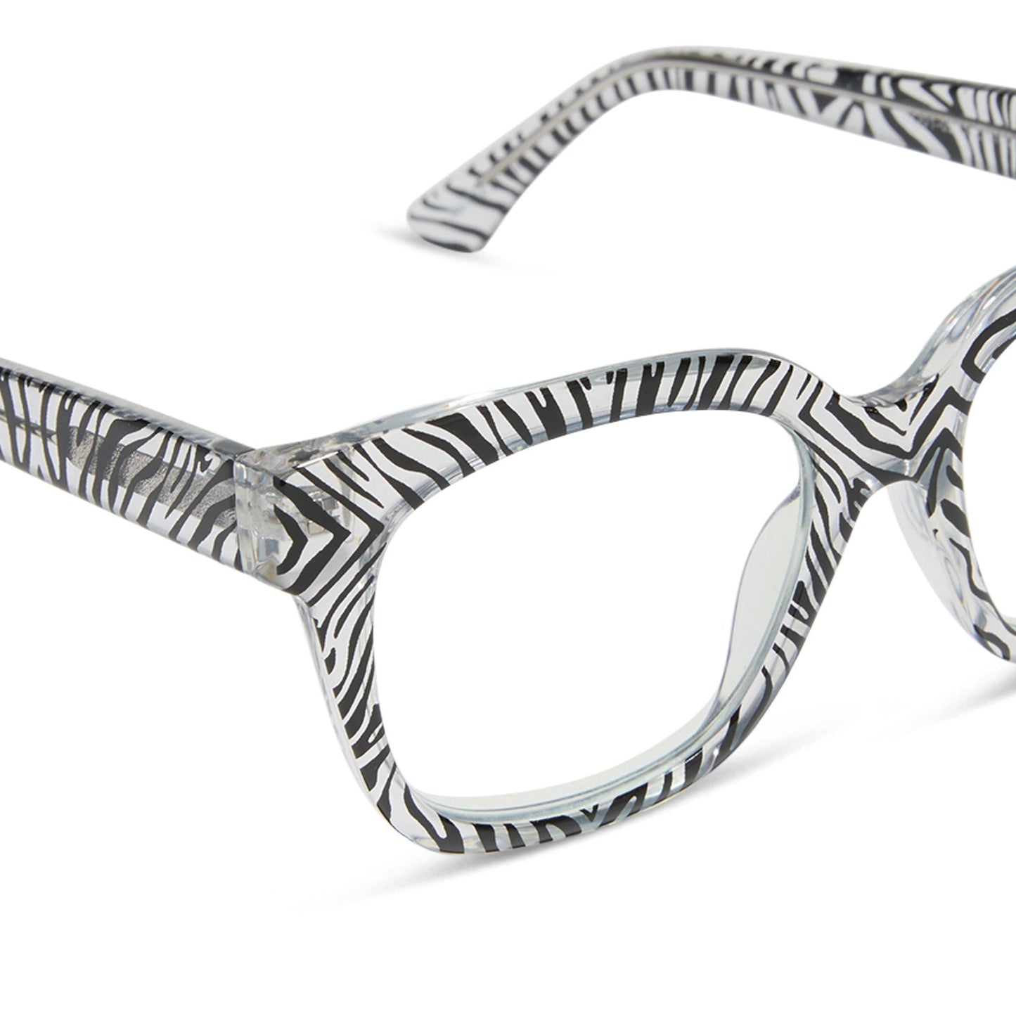 diff eyewear featuring the ava square blue light readers with a zebra frame detailed view