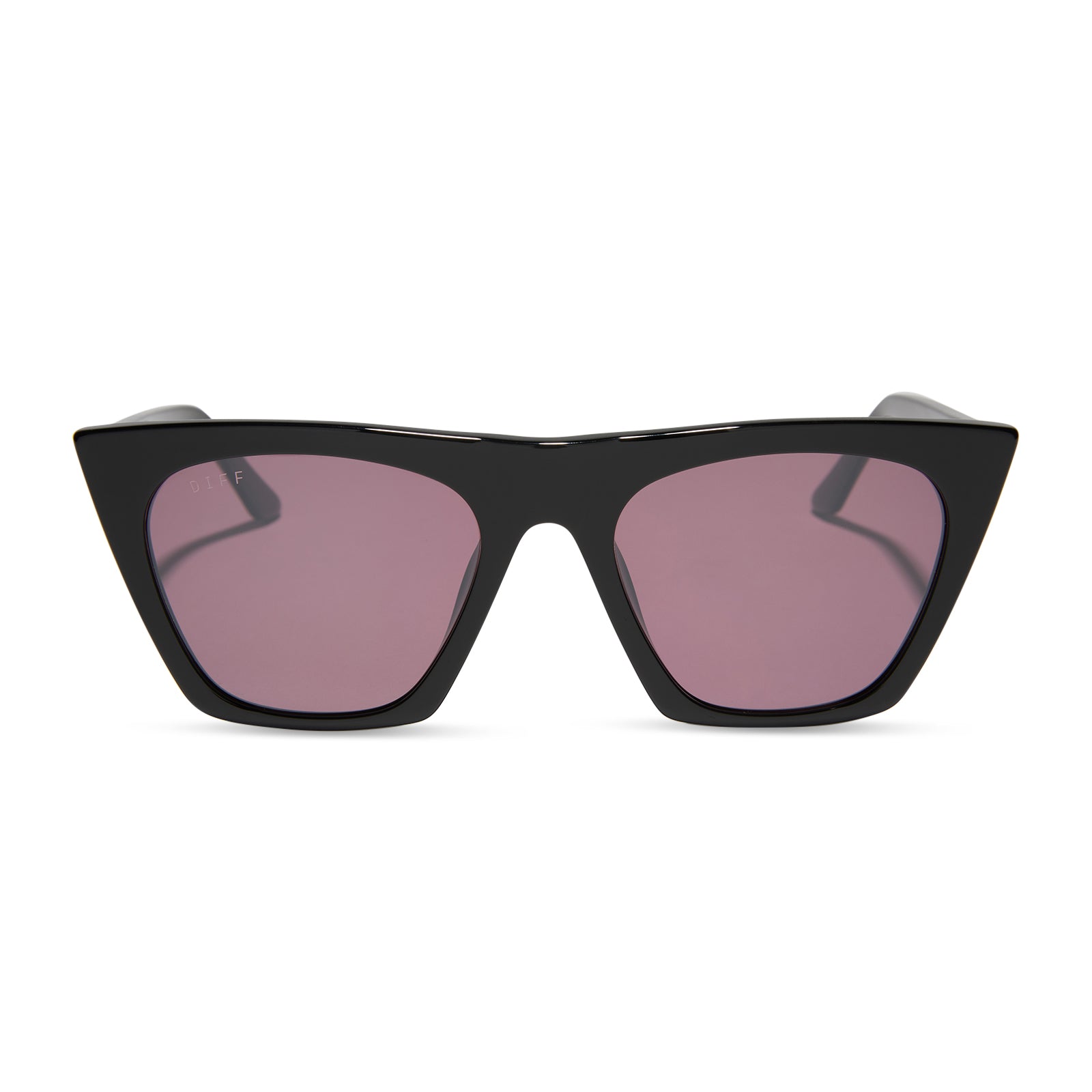 diff eyewear featuring the avril cat eye sunglasses with a black frame and aubergine with silver flash lenses front view