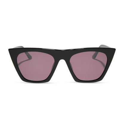 diff eyewear featuring the avril cat eye sunglasses with a black frame and aubergine with silver flash lenses front view