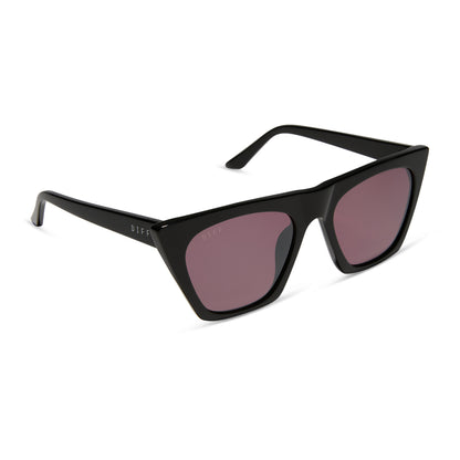 diff eyewear featuring the avril cat eye sunglasses with a black frame and aubergine with silver flash lenses angled view