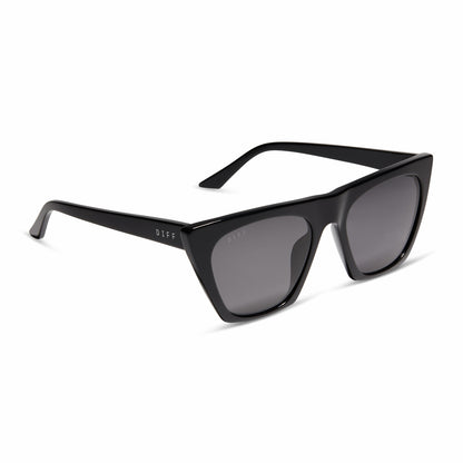 diff eyewear featuring the avril square sunglasses with a black frame and grey polarized lenses angled view