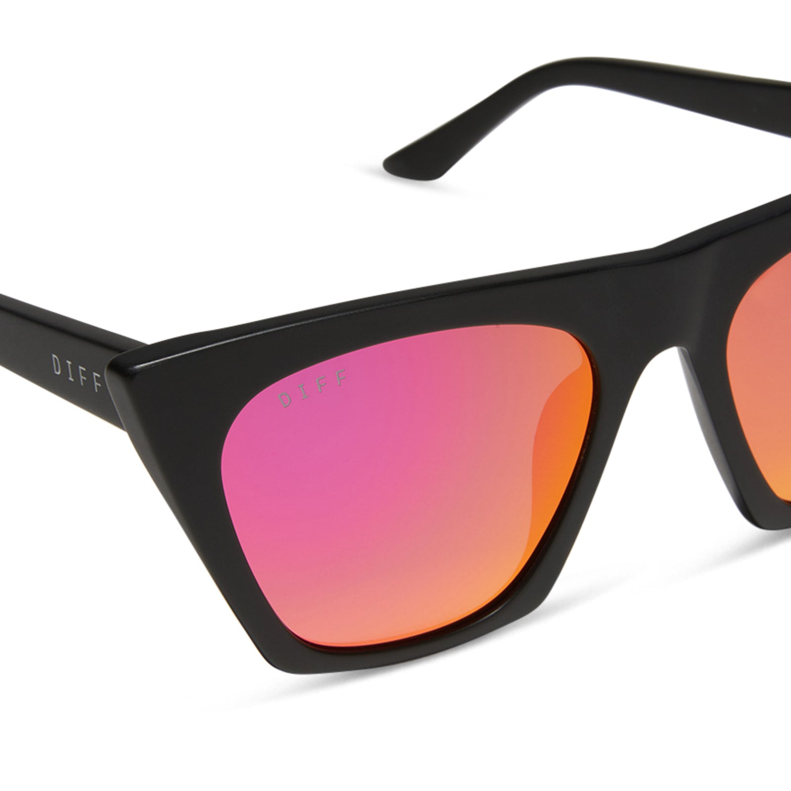 diff eyewear featuring the avril cateye sunglasses with a matte black frame and sunset mirror lenses detailed view