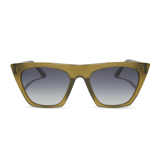 diff eyewear featuring the avril square sunglasses with a rich olive frame and grey gradient lenses front view