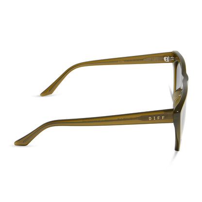 diff eyewear featuring the avril square sunglasses with a rich olive frame and grey gradient lenses side view