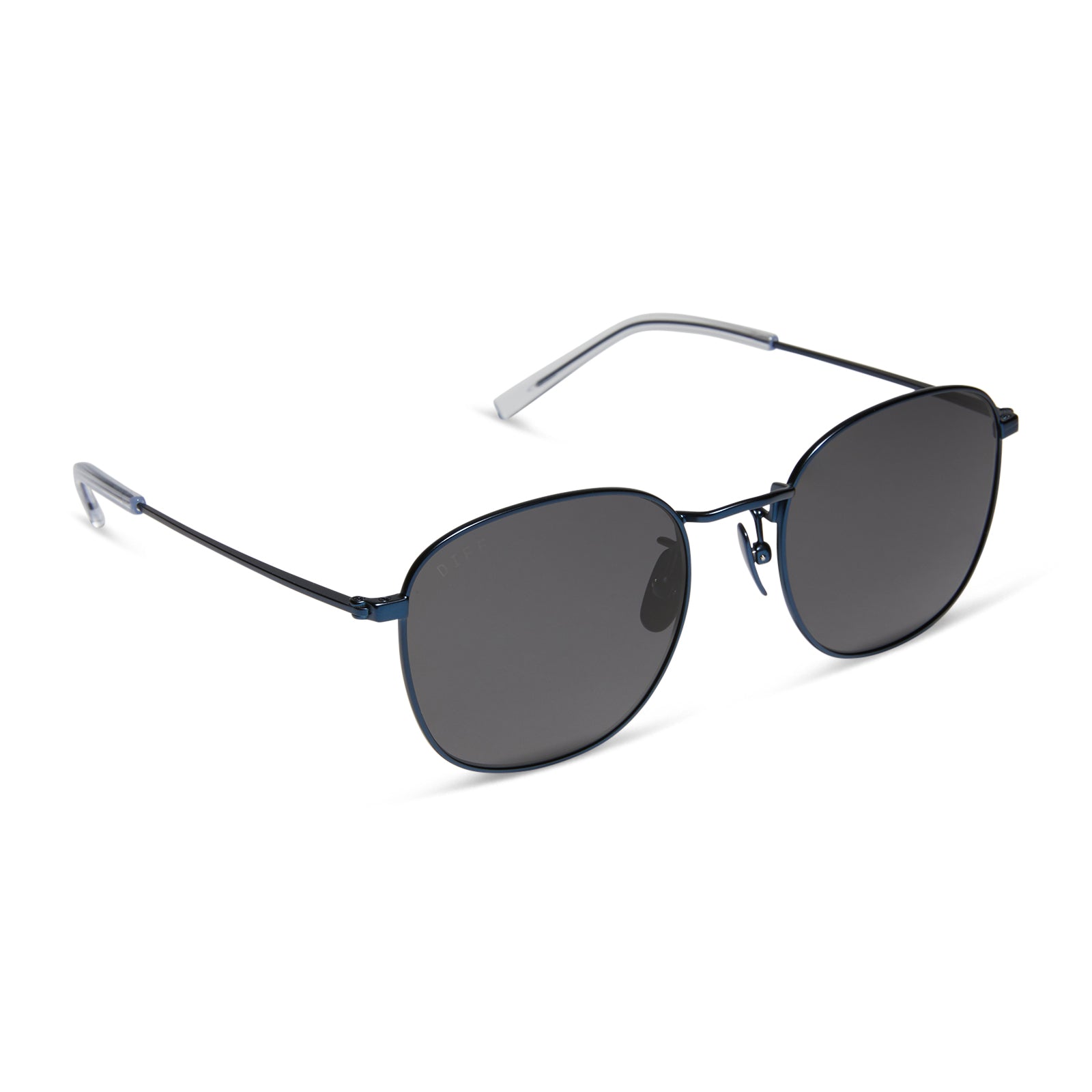 diff eyewear featuring the axel round sunglasses with a deep navy metal frame and grey polarized lenses angled view