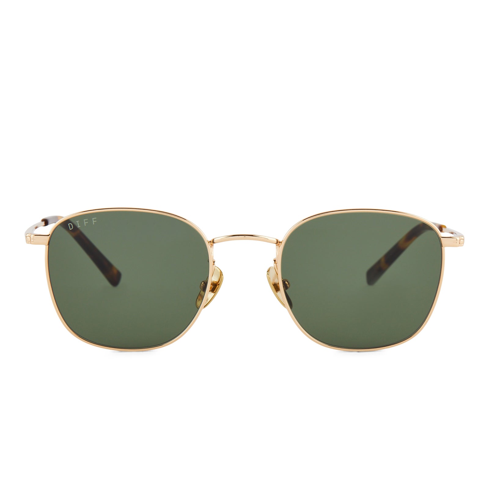 diff eyewear featuring the axel round sunglasses with a gold frame and g15 polarized lenses front view