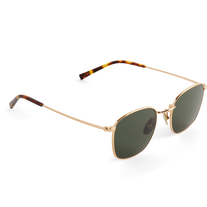 diff eyewear featuring the axel round sunglasses with a gold frame and g15 polarized lenses detailed view