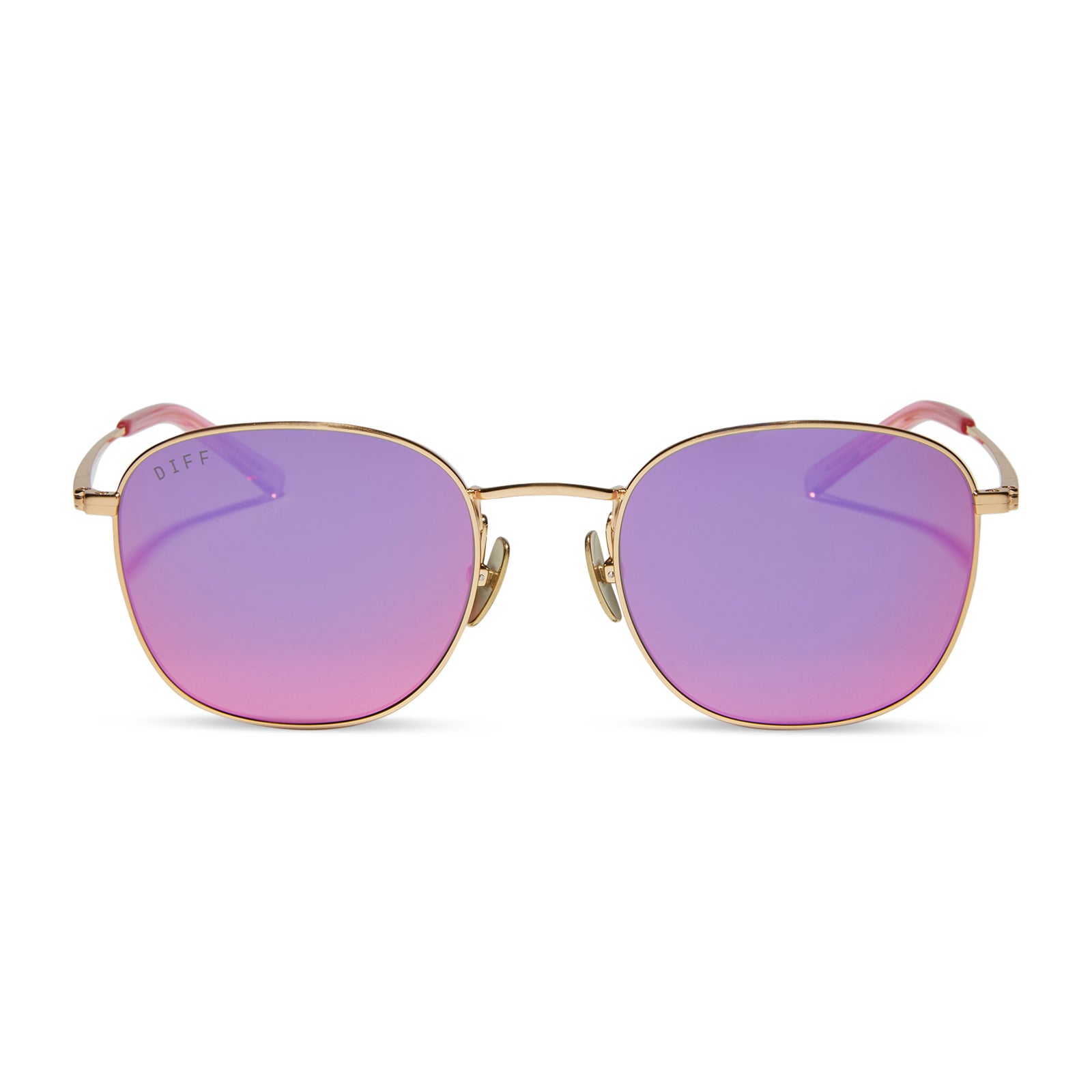 diff eyewear featuring the axel round sunglasses with a gold frame and pink rush mirror lenses front view