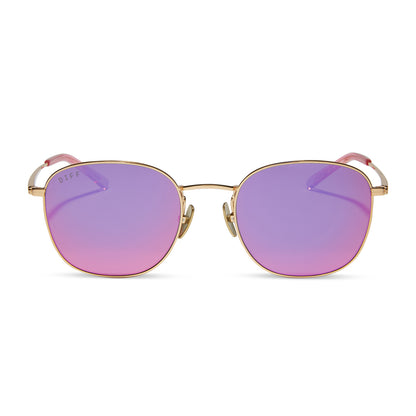 diff eyewear featuring the axel round sunglasses with a gold frame and pink rush mirror lenses front view