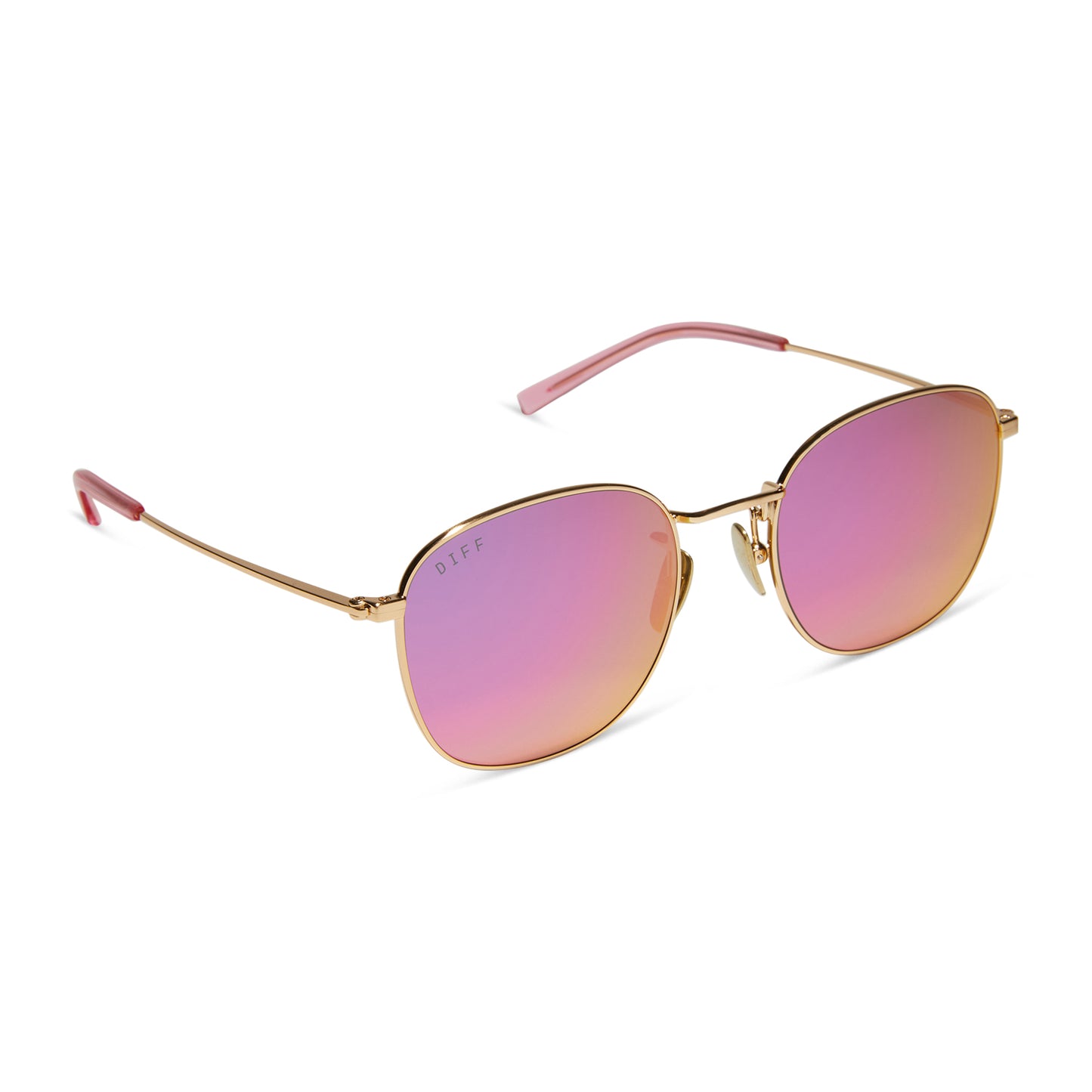 diff eyewear featuring the axel round sunglasses with a gold frame and pink rush mirror lenses angled view