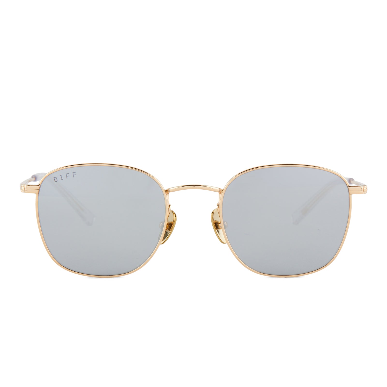 diff eyewear featuring the axel round sunglasses with a gold frame and silver mirror lenses front view