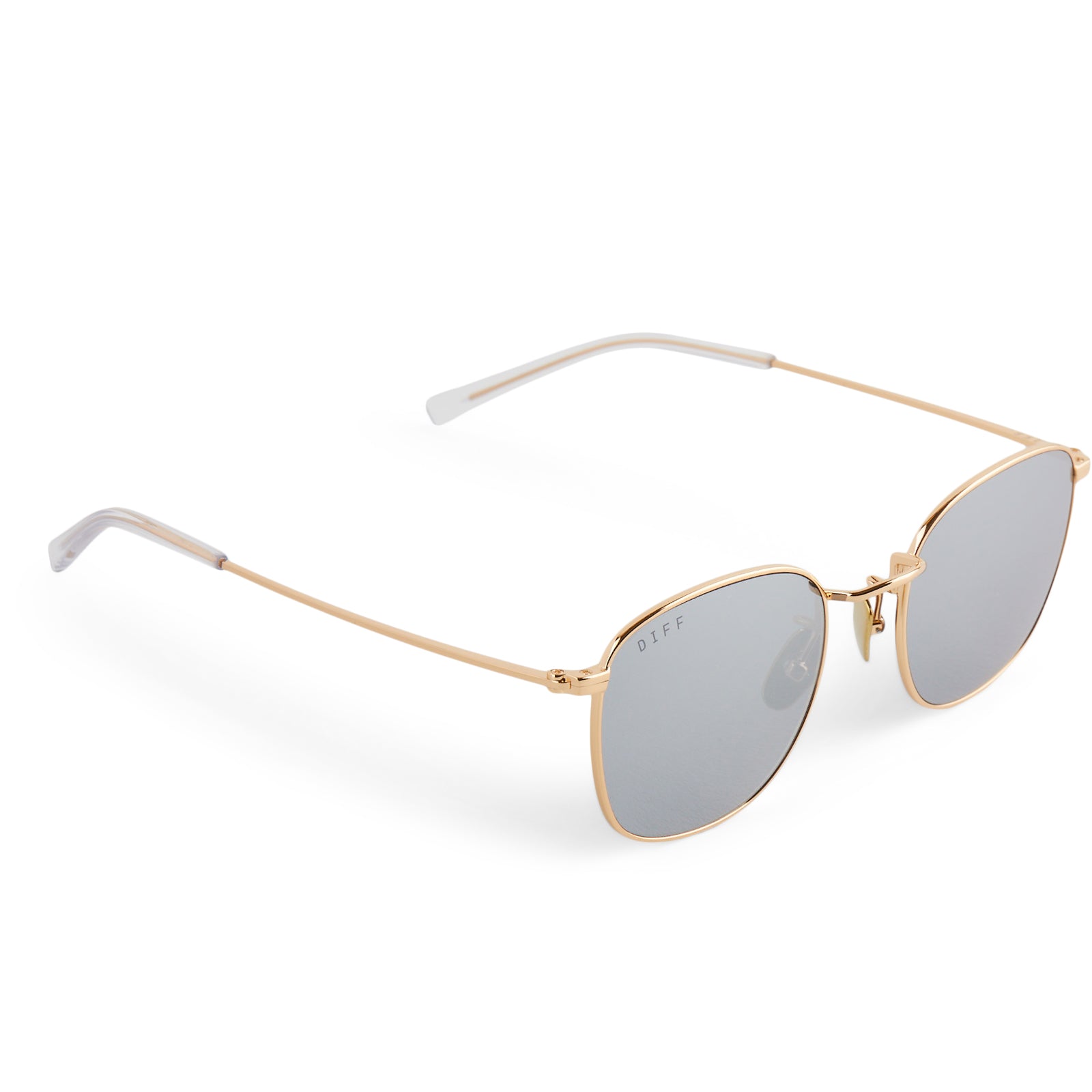 diff eyewear featuring the axel round sunglasses with a gold frame and silver mirror lenses detailed view