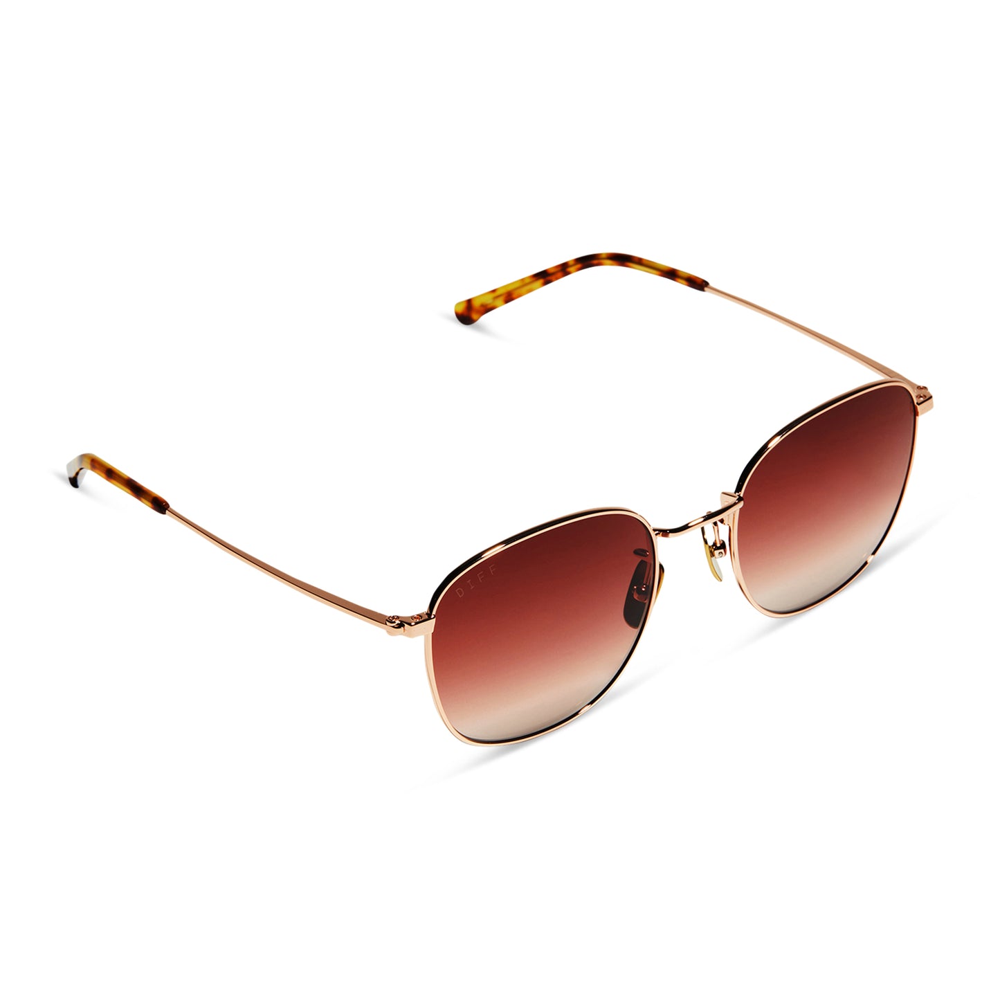 diff eyewear axel round sunglasses with a rose gold frame and dusk gradient lenses detailed view