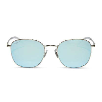 diff eyewear featuring the axel round sunglasses with a silver frame and turquoise ice mirror lenses front view