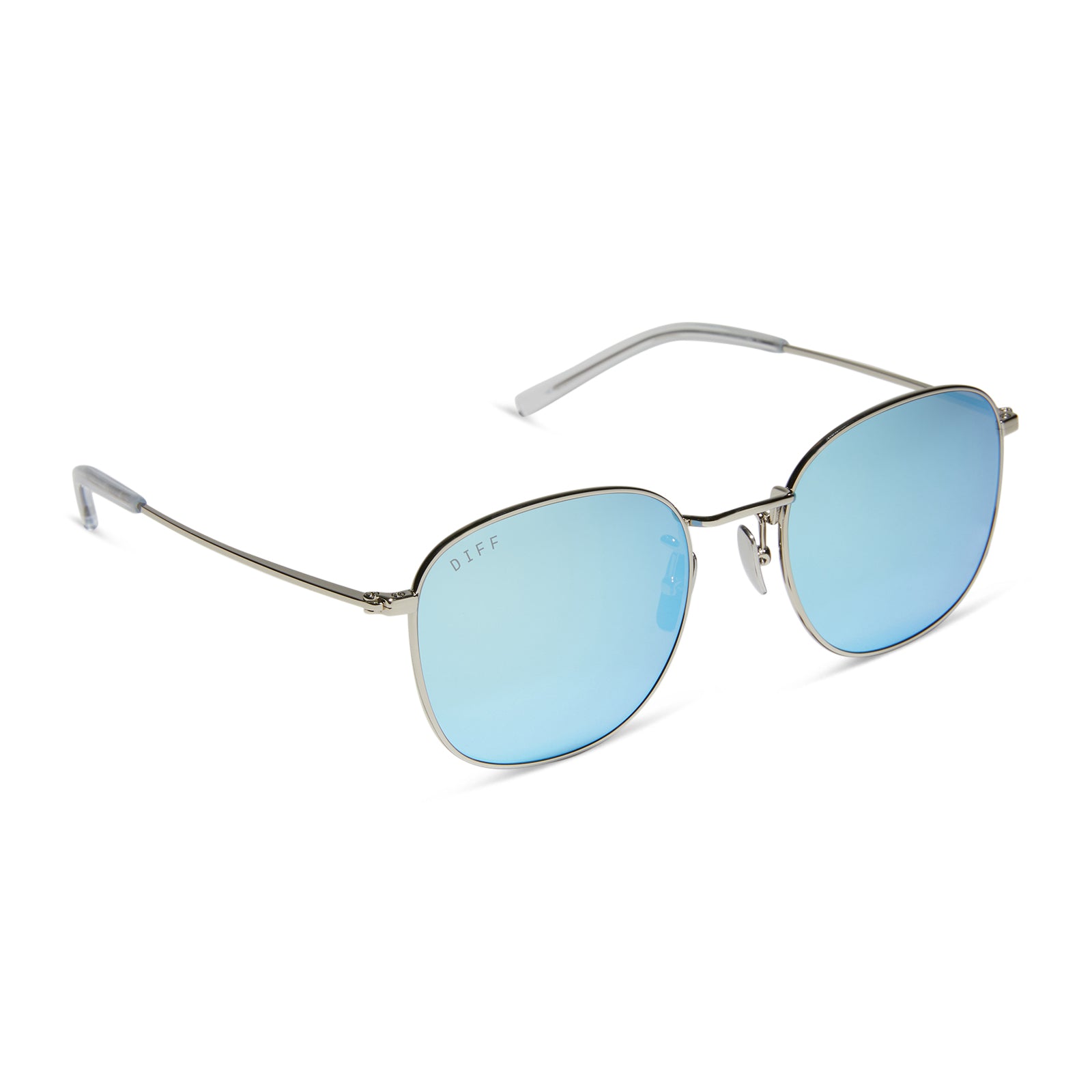 diff eyewear featuring the axel round sunglasses with a silver frame and turquoise ice mirror lenses angled view