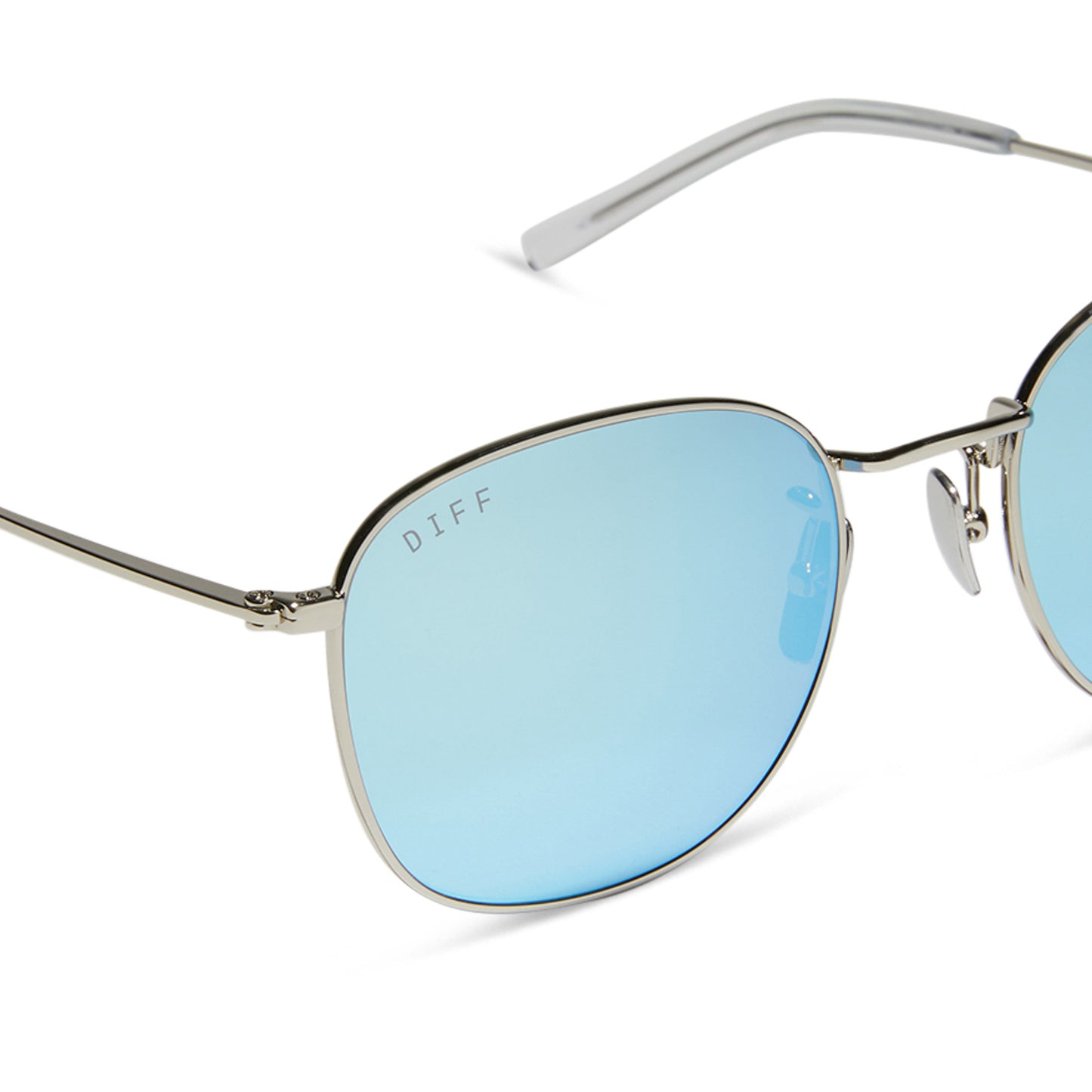 diff eyewear featuring the axel round sunglasses with a silver frame and turquoise ice mirror lenses detailed view