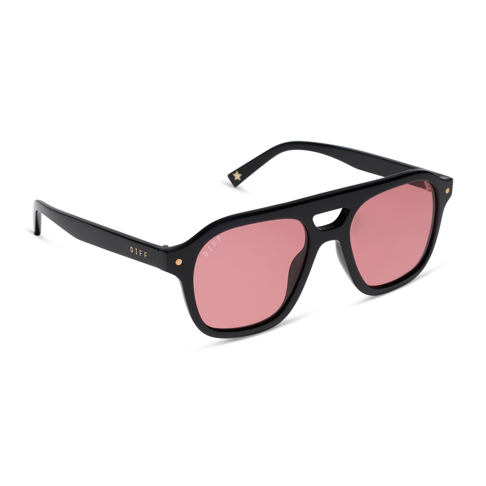 beach riot x diff eyewear the coast navigator sunglasses with a black acetate frame and red tinted lenses angled view