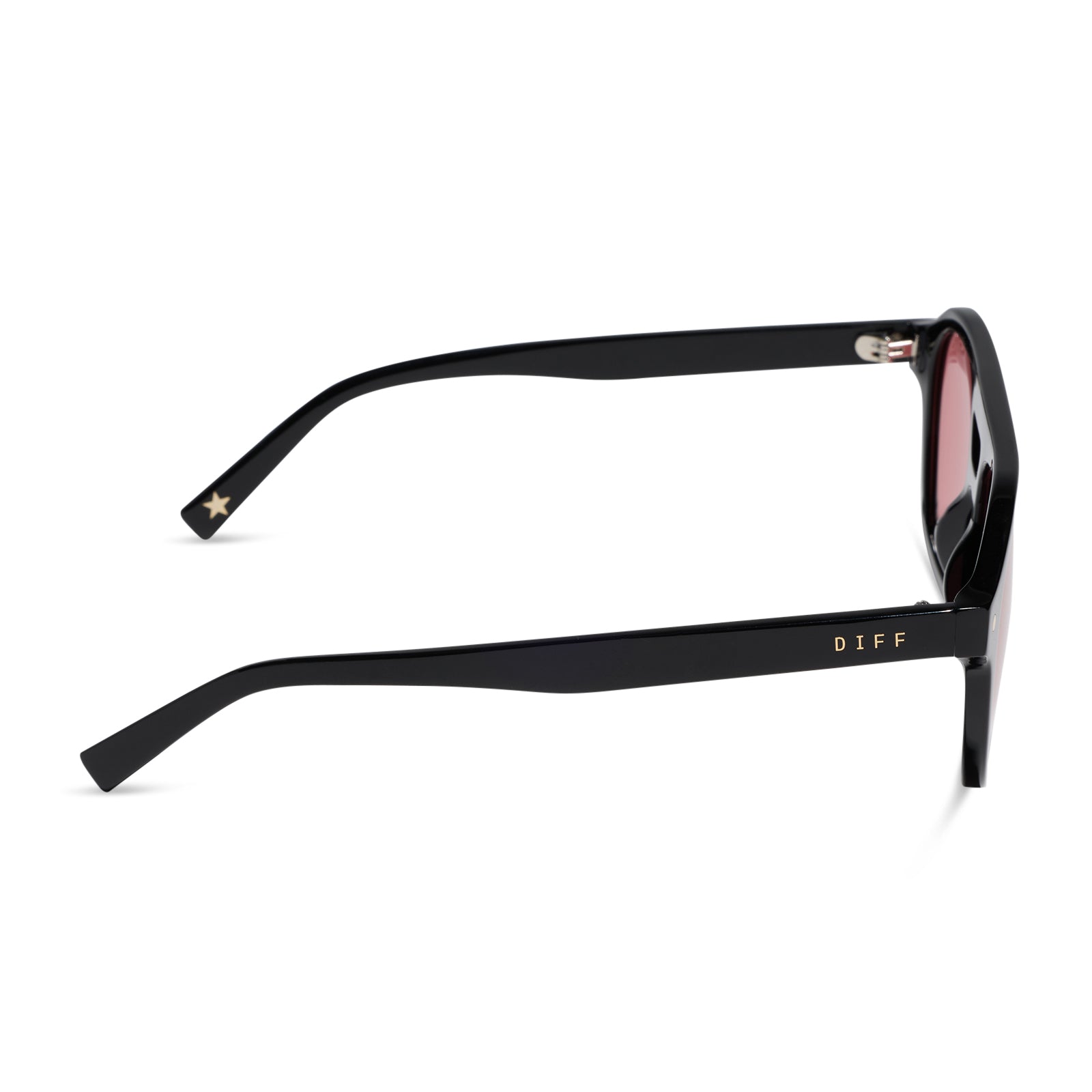 beach riot x diff eyewear the coast navigator sunglasses with a black acetate frame and red tinted lenses side view