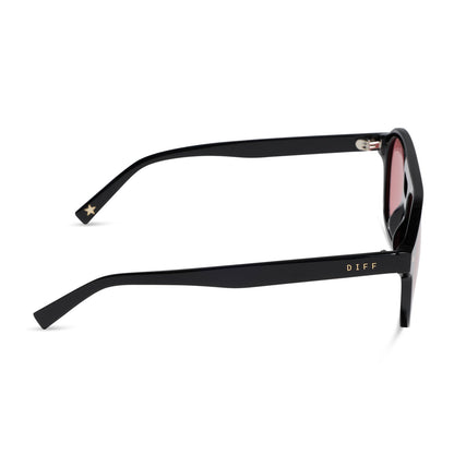 beach riot x diff eyewear the coast navigator sunglasses with a black acetate frame and red tinted lenses side view