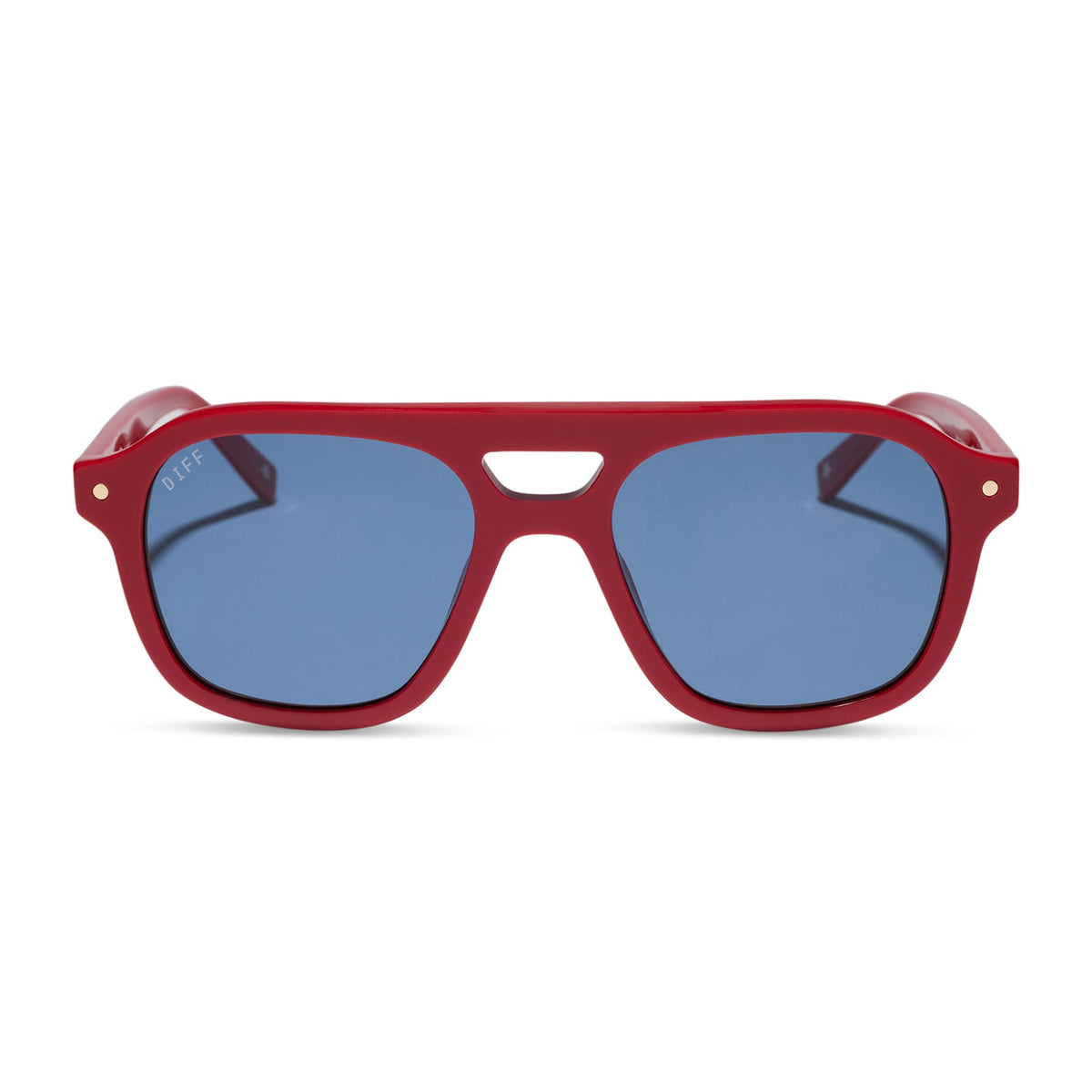beach riot x diff eyewear the coast navigator sunglasses with a red acetate frame and navy blue lenses front view