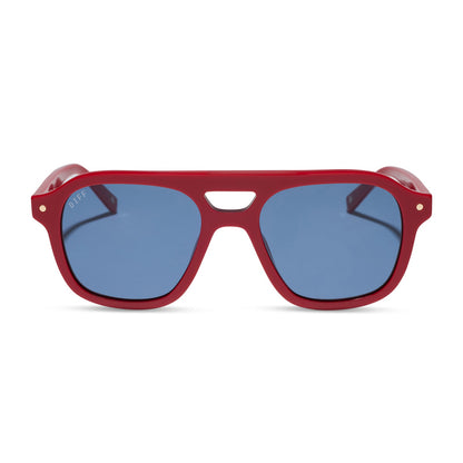 beach riot x diff eyewear the coast navigator sunglasses with a red acetate frame and navy blue lenses front view