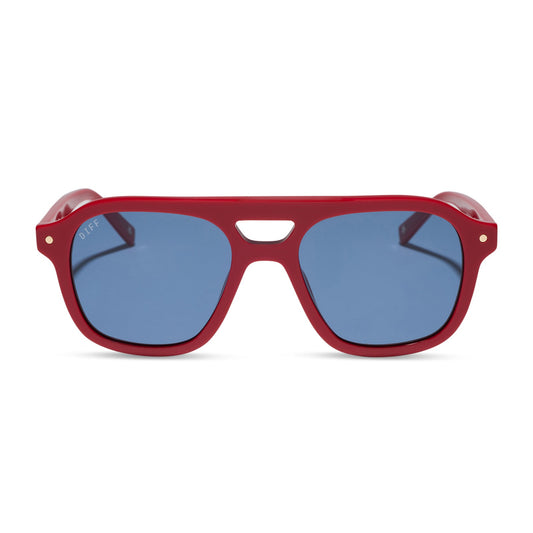 beach riot x diff eyewear the coast navigator sunglasses with a red acetate frame and navy blue lenses front view