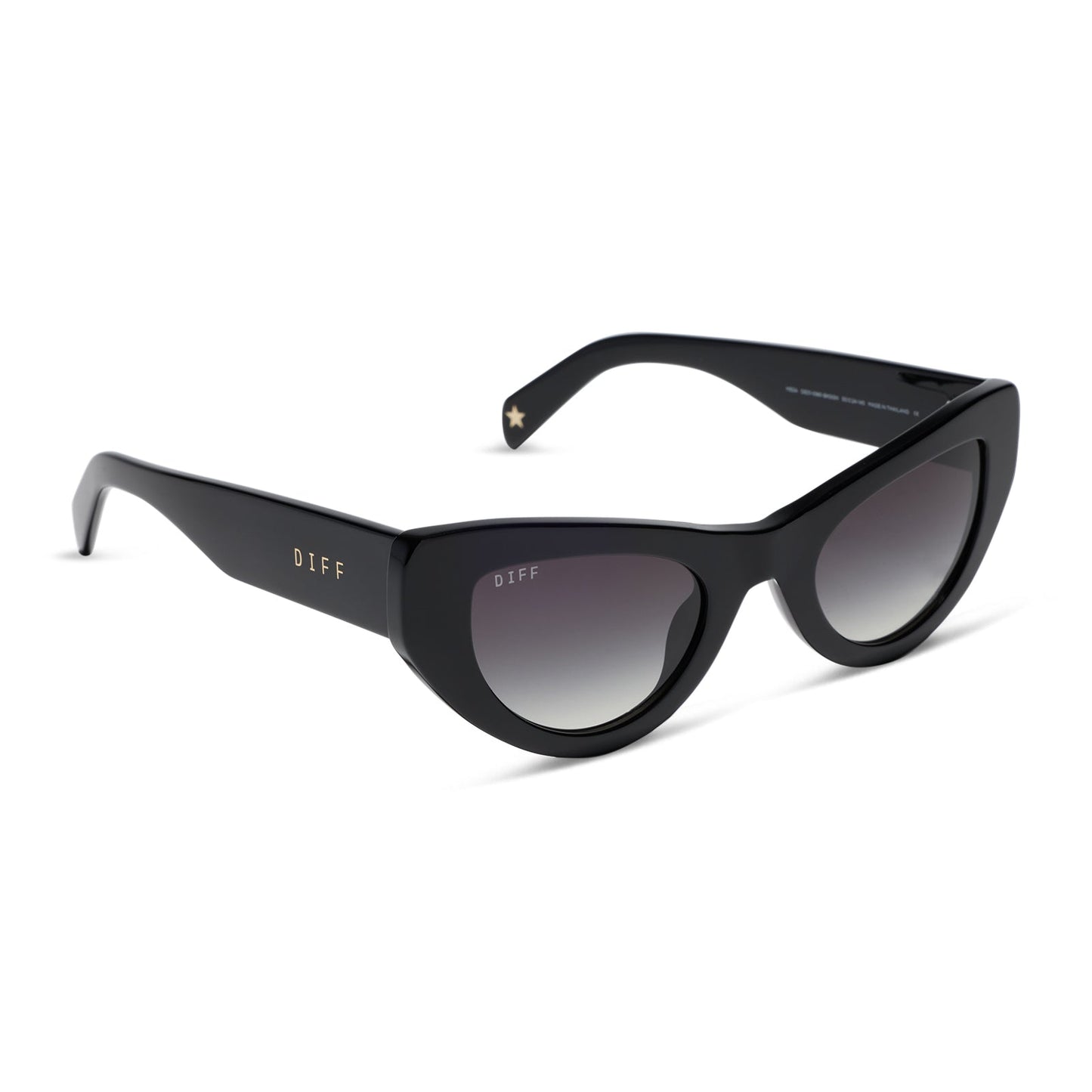 beach riot x diff eyewear the mesa cat eye sunglasses with a black acetate frame and grey gradient lenses angled view