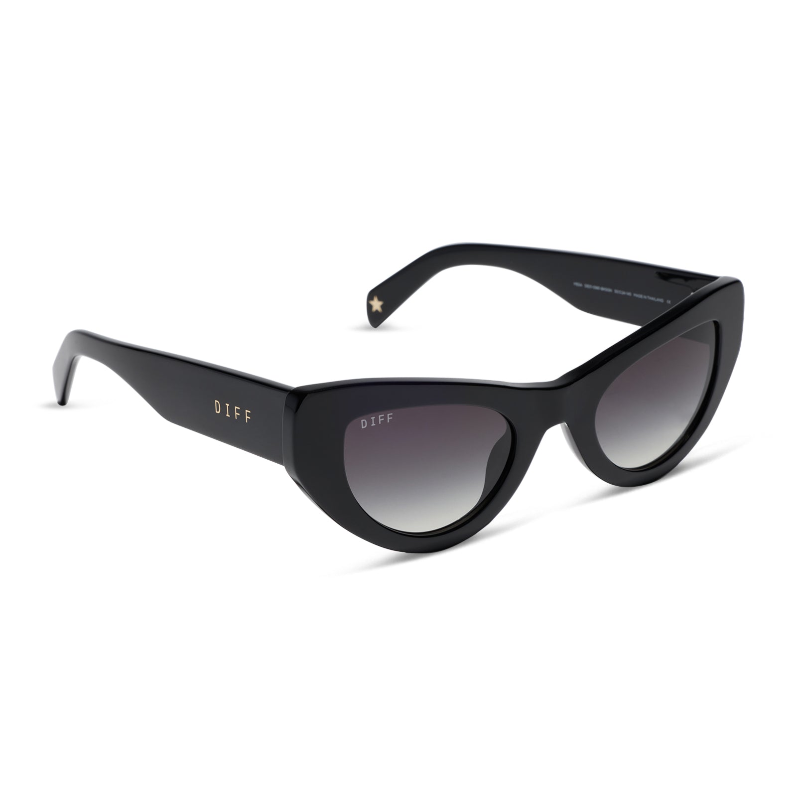 beach riot x diff eyewear the mesa cat eye sunglasses with a black acetate frame and grey gradient lenses angled view