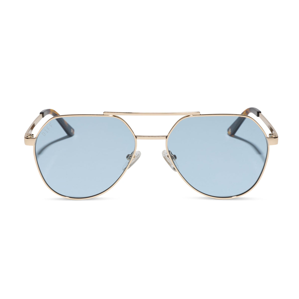 beach riot x diff eyewear the reserve aviator sunglasses with a gold metal frame and blue tint lenses front view