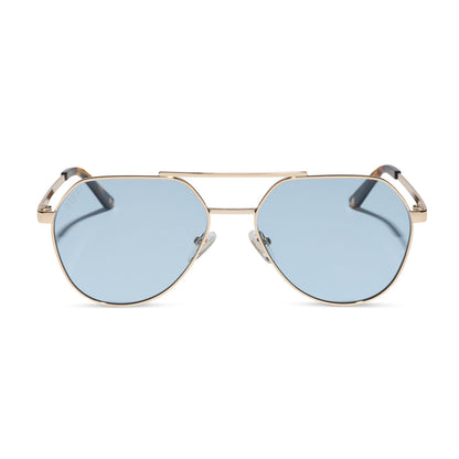 beach riot x diff eyewear the reserve aviator sunglasses with a gold metal frame and blue tint lenses front view