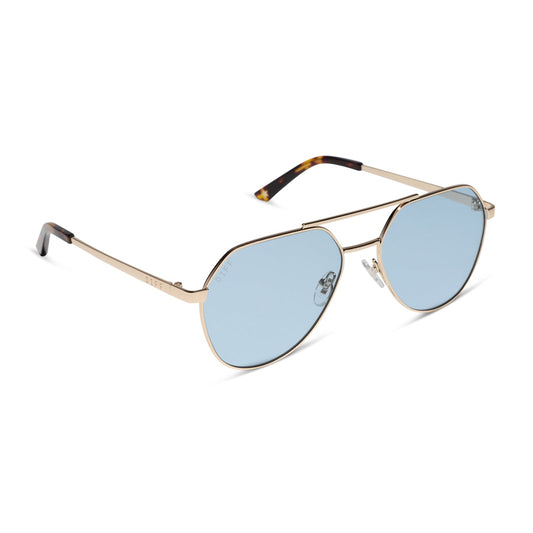 beach riot x diff eyewear the reserve aviator sunglasses with a gold metal frame and blue tint lenses angled view