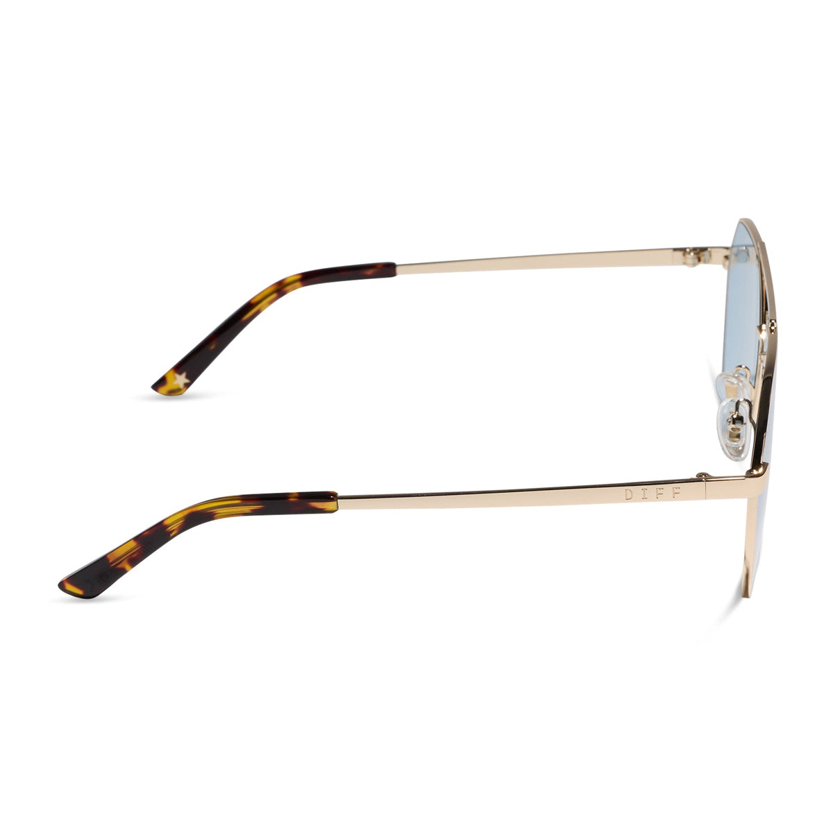 beach riot x diff eyewear the reserve aviator sunglasses with a gold metal frame and blue tint lenses side view
