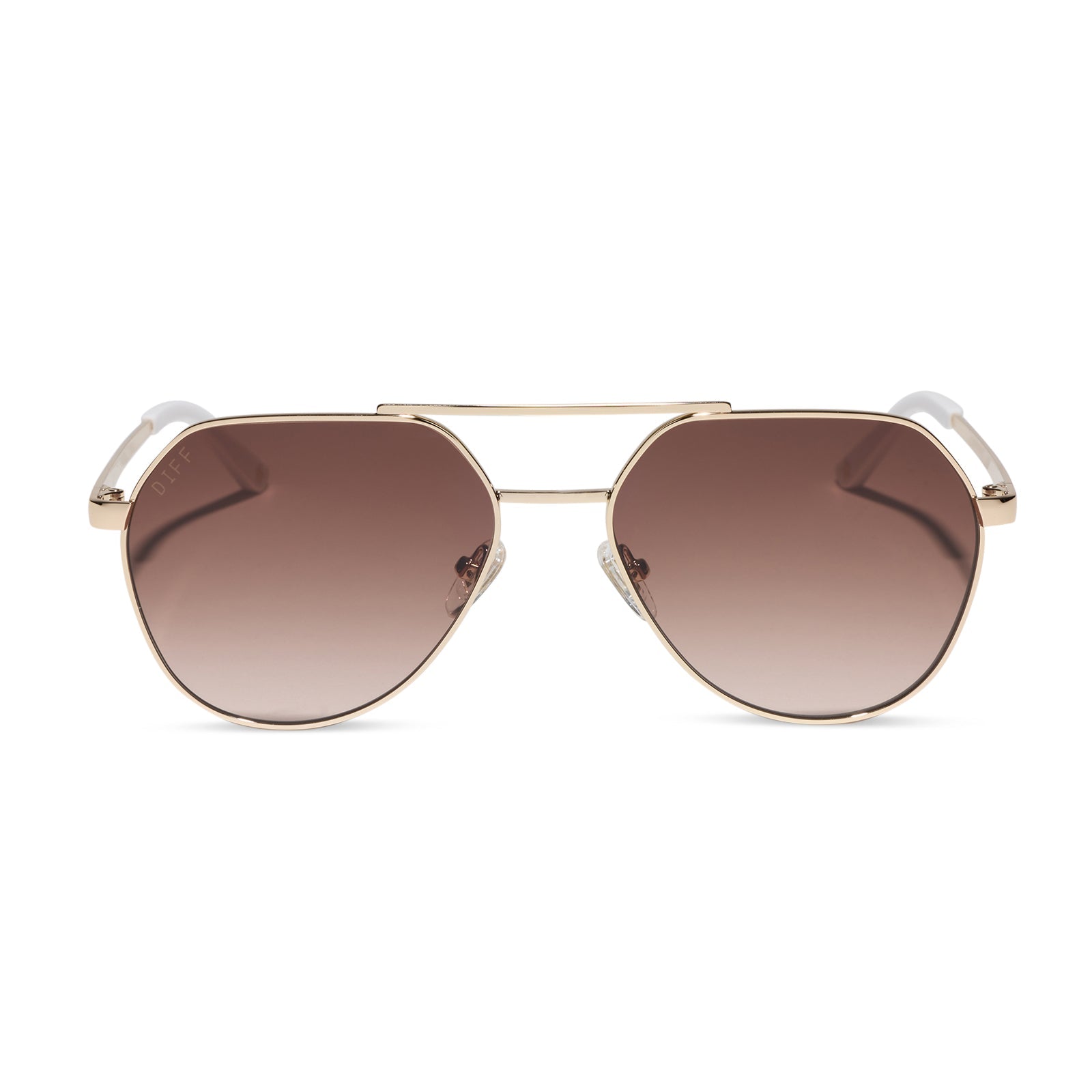 beach riot x diff eyewear the reserve aviator sunglasses with a gold metal frame and brown gradient lenses front view