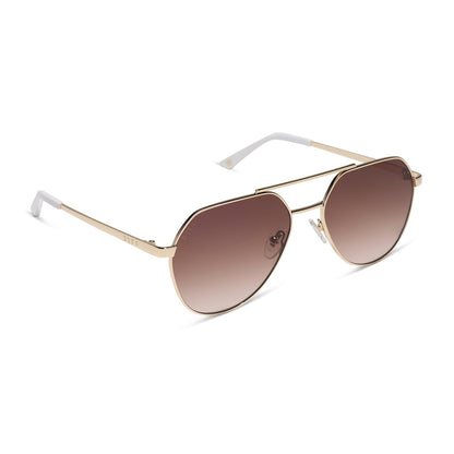 beach riot x diff eyewear the reserve aviator sunglasses with a gold metal frame and brown gradient lenses angled view