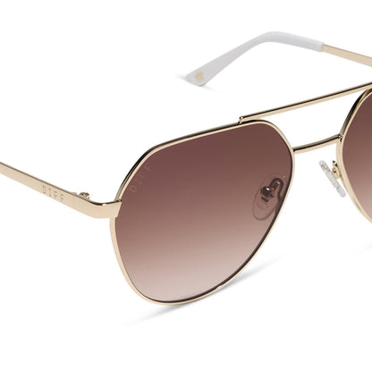 beach riot x diff eyewear the reserve aviator sunglasses with a gold metal frame and brown gradient lenses detailed view