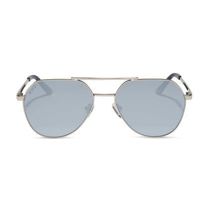 beach riot x diff eyewear the reserve aviator sunglasses with a silver metal frame and silver mirror lenses front view