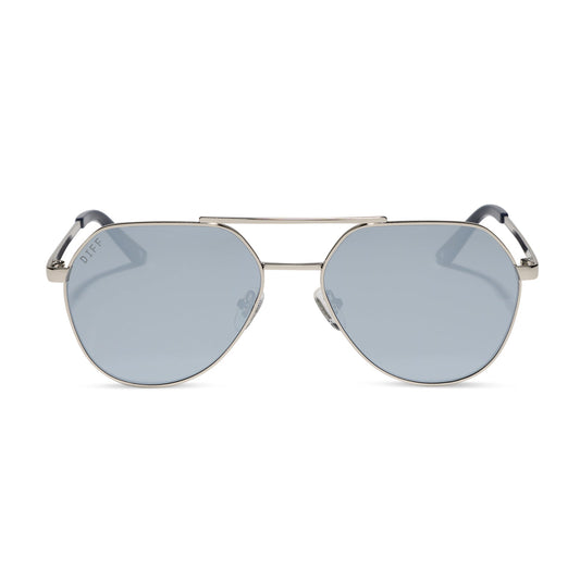 beach riot x diff eyewear the reserve aviator sunglasses with a silver metal frame and silver mirror lenses front view